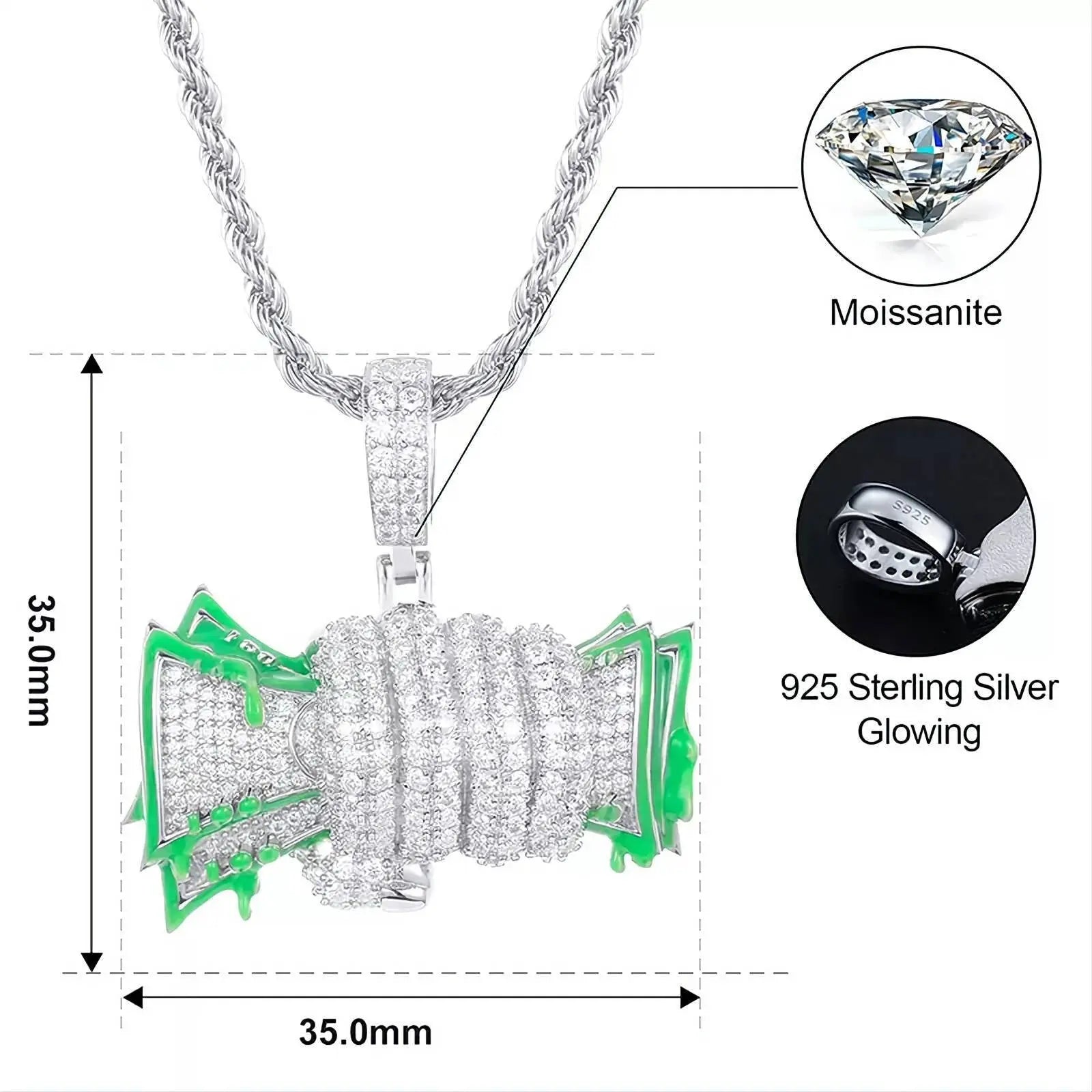 925 Sterling Silver Moissanite Diamond Glowing Money Fist Dollar Diamond Pendant Only Bling Drip JettsJewelers