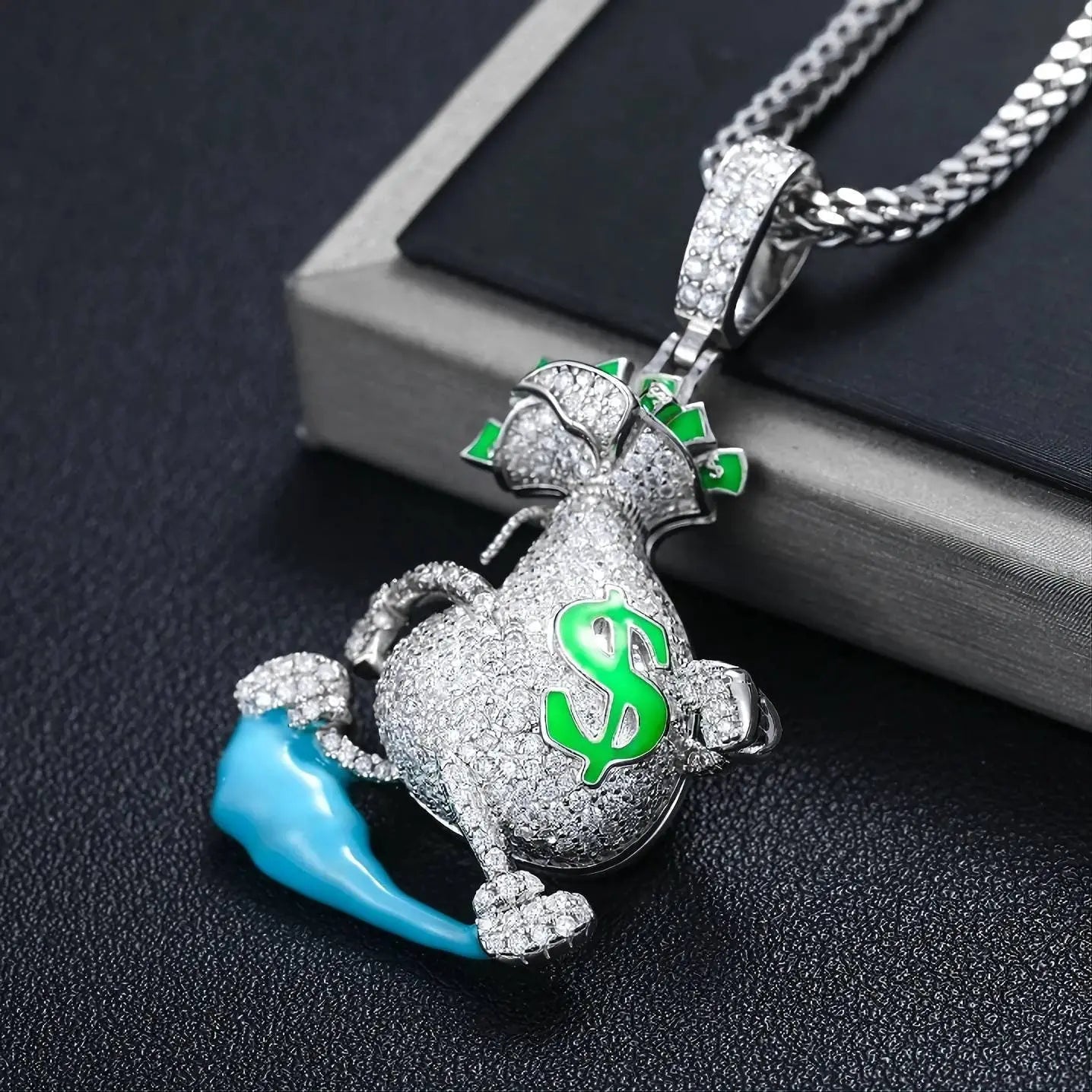 925 Sterling Silver Moissanite Glowing Escaping Money Bag Diamond Pendant Bling Drip JettsJewelers