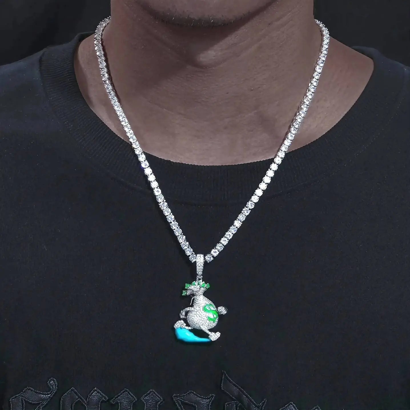 925 Sterling Silver Moissanite Glowing Escaping Money Bag Diamond Pendant Bling Drip JettsJewelers