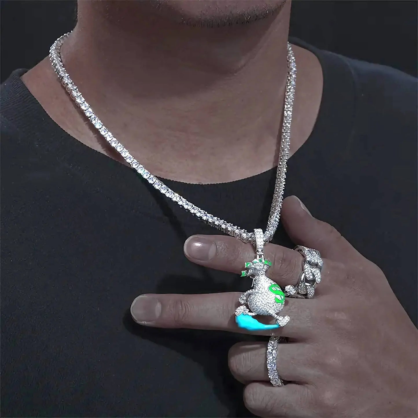 925 Sterling Silver Moissanite Glowing Escaping Money Bag Diamond Pendant Bling Drip JettsJewelers