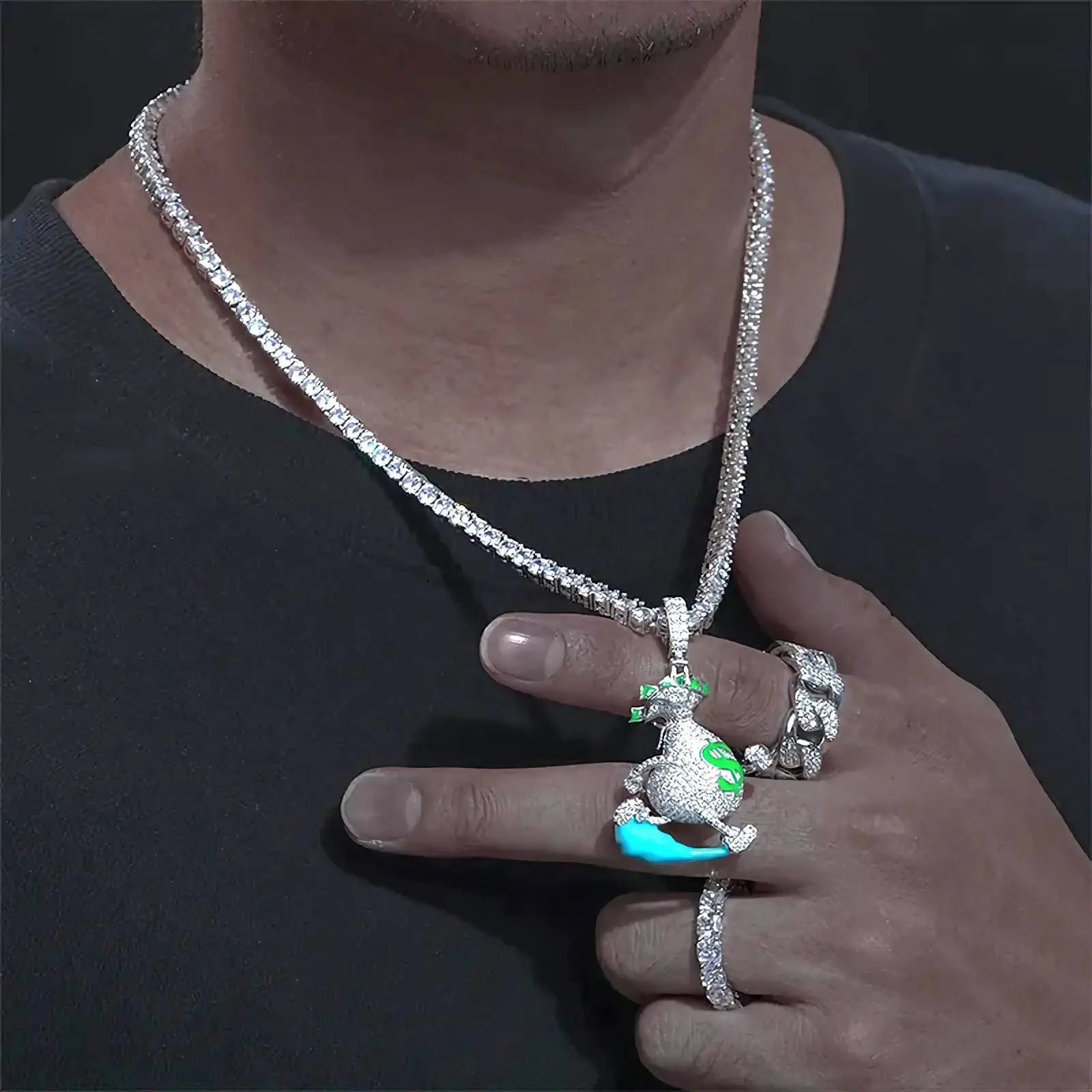 925 Sterling Silver Moissanite Glowing Escaping Money Bag Diamond Pendant Bling Drip JettsJewelers