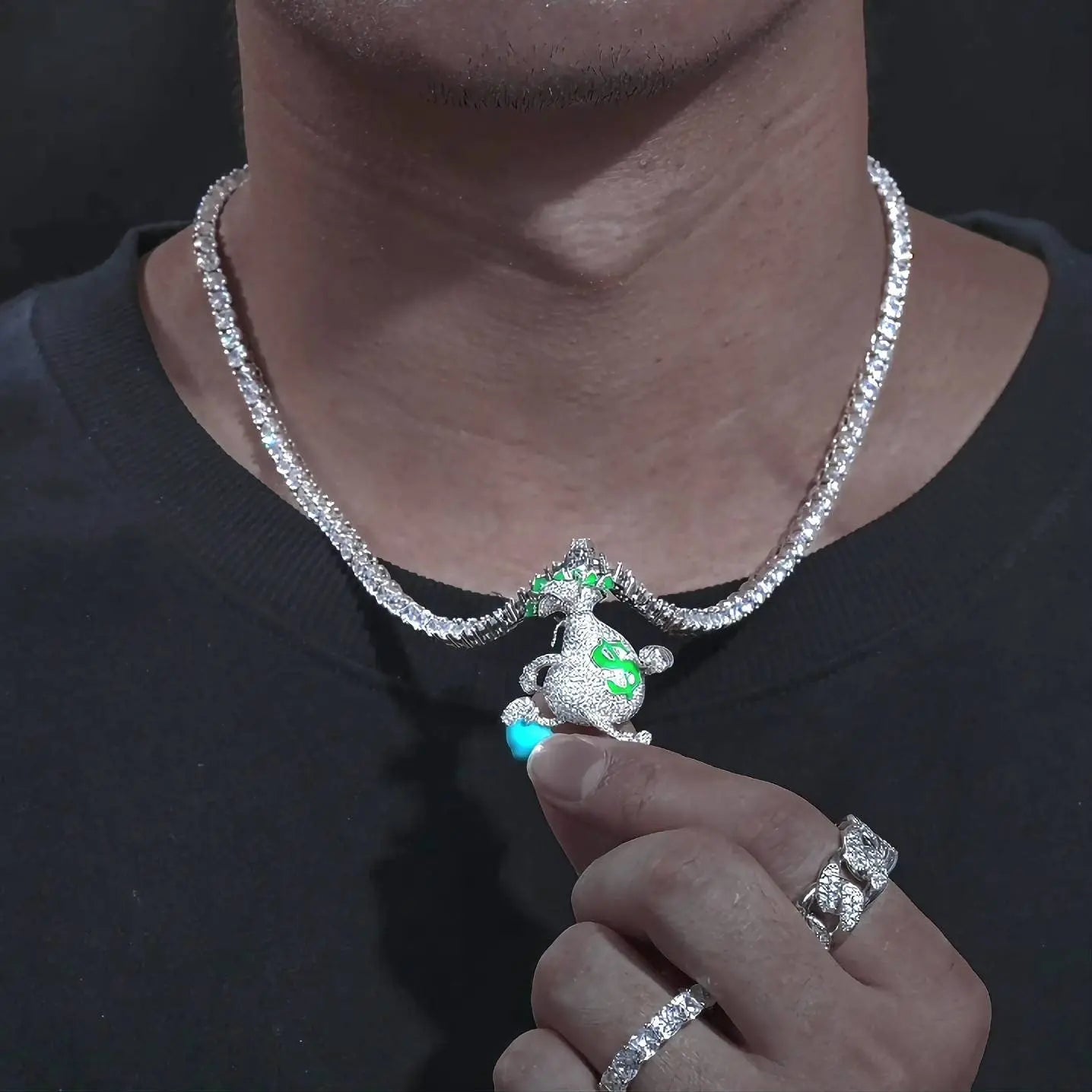 925 Sterling Silver Moissanite Glowing Escaping Money Bag Diamond Pendant Bling Drip JettsJewelers