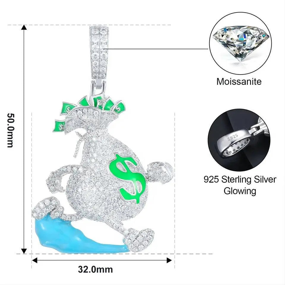 925 Sterling Silver Moissanite Glowing Escaping Money Bag Diamond Pendant Bling Drip JettsJewelers