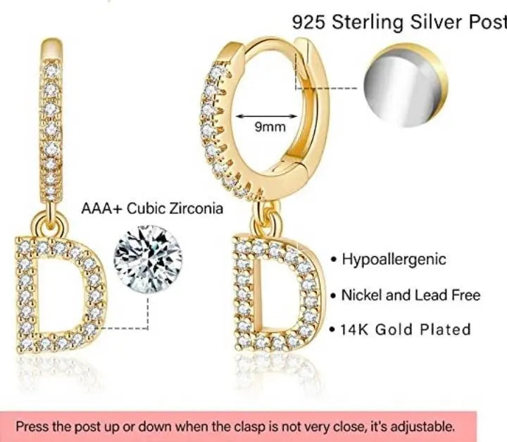 925 Sterling Silver Post 14K Gold Plated Dainty Cute Hypoallergenic Small Dangle Hoop Cubic Zirconia Initial Earrings Jewelry Gift for Women
