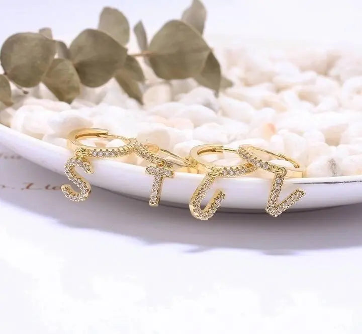 925 Sterling Silver Post 14K Gold Plated Dainty Cute Hypoallergenic Small Dangle Hoop Cubic Zirconia Initial Earrings Jewelry Gift for Women