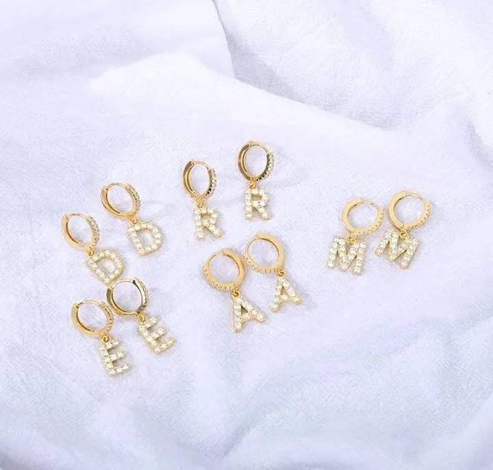 925 Sterling Silver Post 14K Gold Plated Dainty Cute Hypoallergenic Small Dangle Hoop Cubic Zirconia Initial Earrings Jewelry Gift for Women