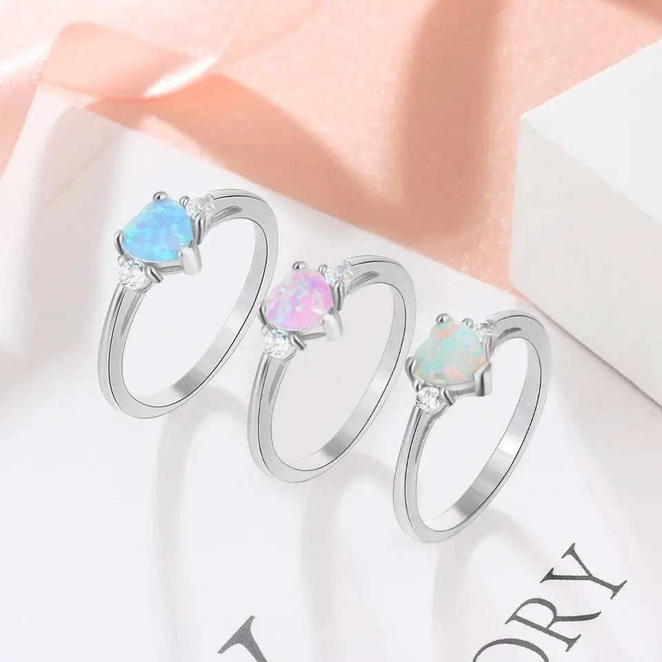 925 Sterling Silver Ring Rose Tone Rhodium PL Heart Shape Opal and Clear CZ Accent