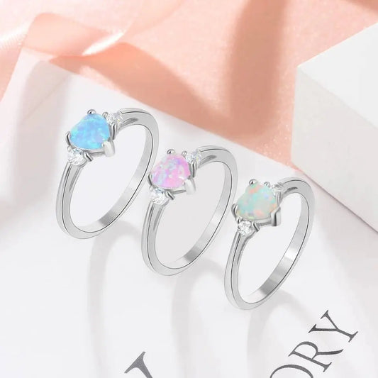 925 Sterling Silver Ring Rose Tone Rhodium PL Heart Shape Opal and Clear CZ Accent