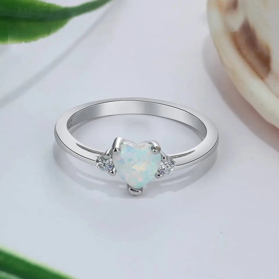 925 Sterling Silver Ring Rose Tone Rhodium PL Heart Shape Opal and Clear CZ Accent