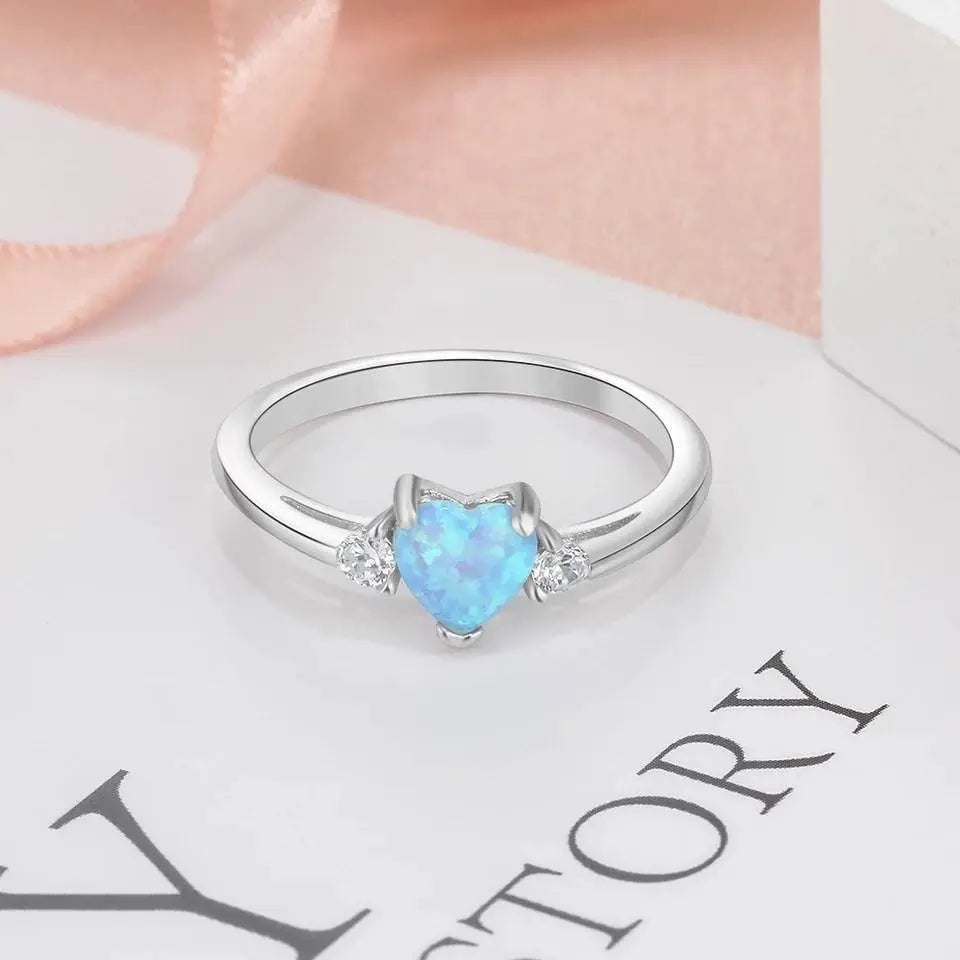 925 Sterling Silver Ring Rose Tone Rhodium PL Heart Shape Opal and Clear CZ Accent
