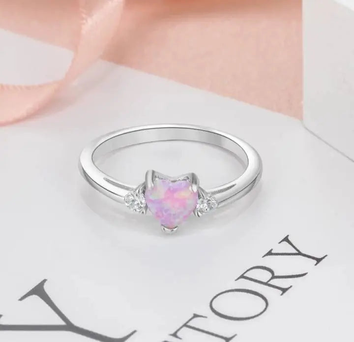 925 Sterling Silver Ring Rose Tone Rhodium PL Heart Shape Opal and Clear CZ Accent