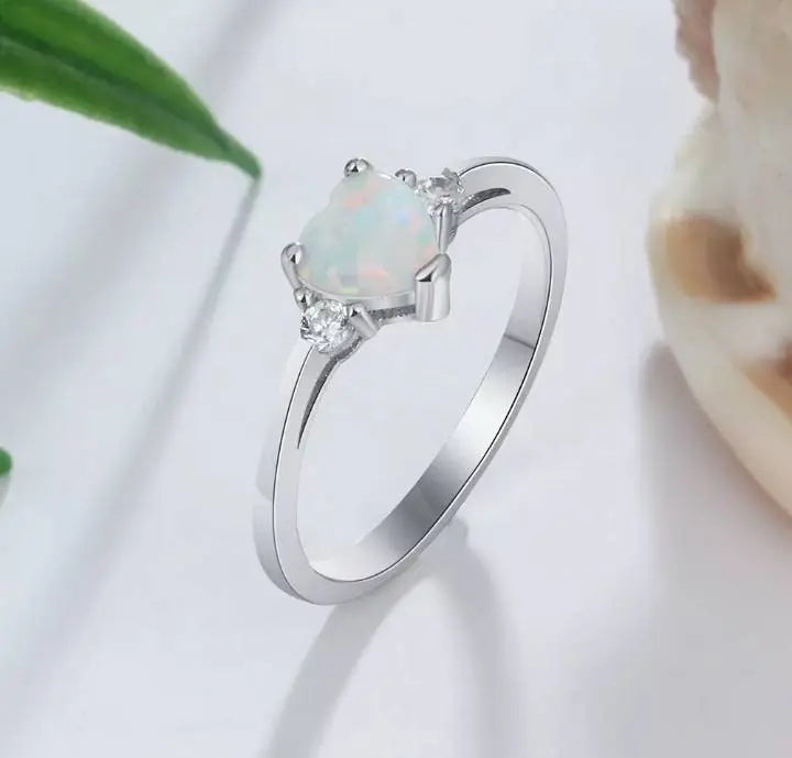 925 Sterling Silver Ring Rose Tone Rhodium PL Heart Shape Opal and Clear CZ Accent