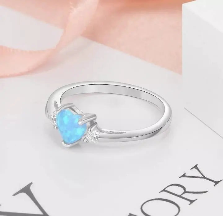 925 Sterling Silver Ring Rose Tone Rhodium PL Heart Shape Opal and Clear CZ Accent