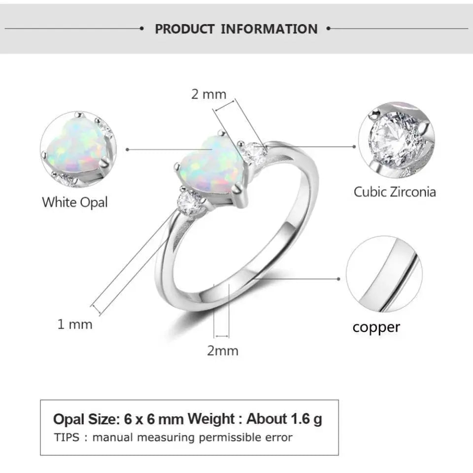 925 Sterling Silver Ring Rose Tone Rhodium PL Heart Shape Opal and Clear CZ Accent