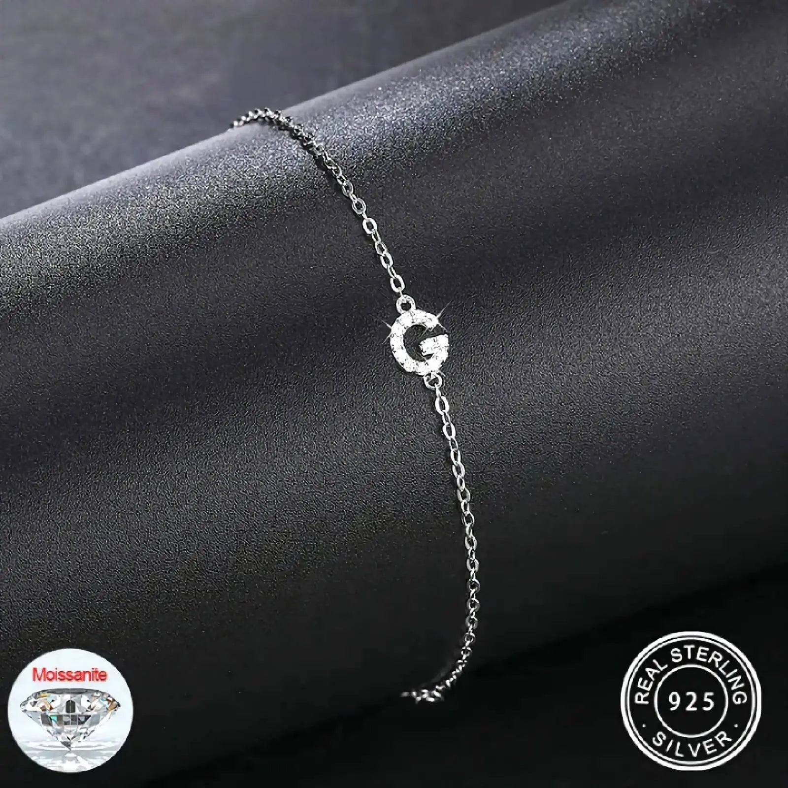 925 Sterling Silver Tiny Moissanite Diamond Letter Chain Bracelet Initial Bracelet Personalized Jewelry Alphabet Charm Bracelet JettsJewelers