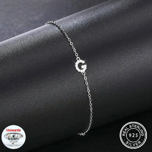 925 Sterling Silver Tiny Moissanite Diamond Letter Chain Bracelet Initial Bracelet Personalized Jewelry Alphabet Charm Bracelet JettsJewelers
