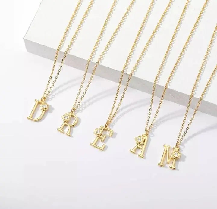 A-Z Gold Letter Necklace With Crystal Flower Girls | Gold Initial Letter Pendant Necklaces for Women - JettsJewelers