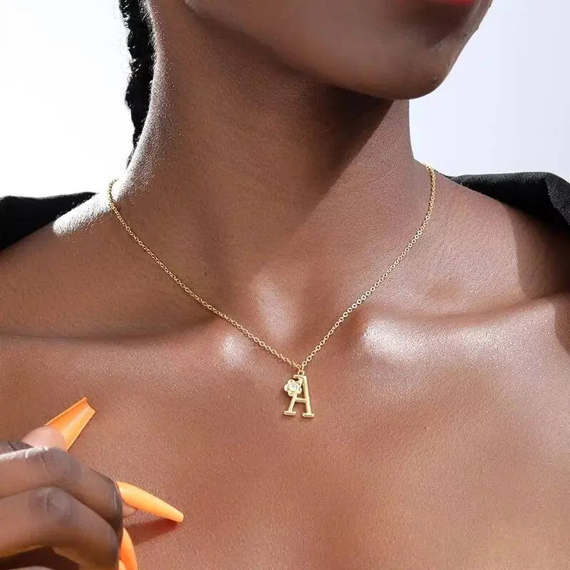 A-Z Gold Letter Necklace With Crystal Flower Girls | Gold Initial Letter Pendant Necklaces for Women - JettsJewelers
