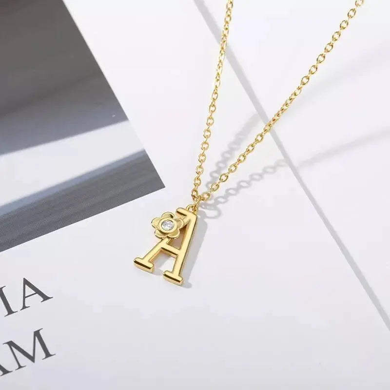 A-Z Gold Letter Necklace With Crystal Flower Girls | Gold Initial Letter Pendant Necklaces for Women - JettsJewelers