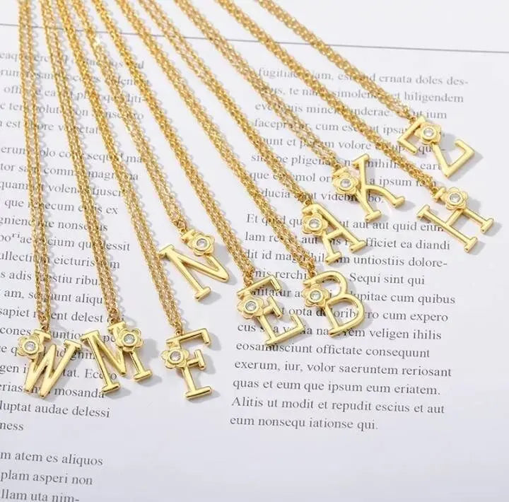 A-Z Gold Letter Necklace With Crystal Flower Girls | Gold Initial Letter Pendant Necklaces for Women - JettsJewelers