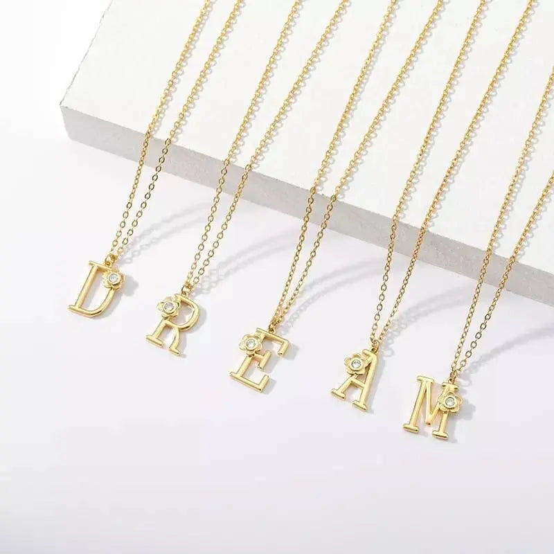 A-Z Gold Letter Necklace With Crystal Flower Girls | Gold Initial Letter Pendant Necklaces for Women - JettsJewelers