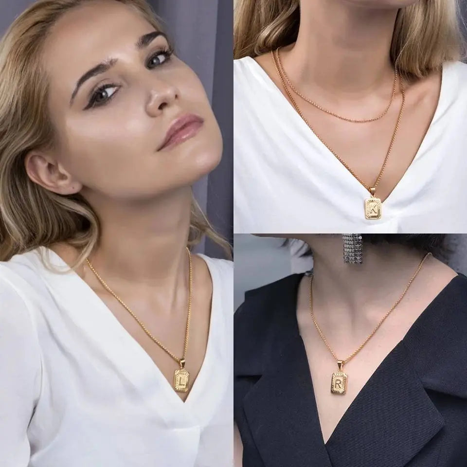 A-Z Letter Pendant Necklace Mens Womens Capital Letter Gold Plated Stainless Steel Box Chain 22inch - JettsJewelers