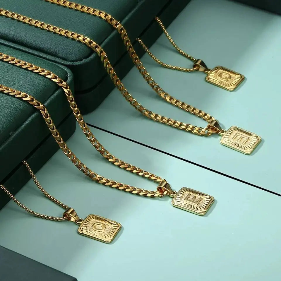 A-Z Letter Pendant Necklace Mens Womens Capital Letter Gold Plated Stainless Steel Box Chain 22inch - JettsJewelers