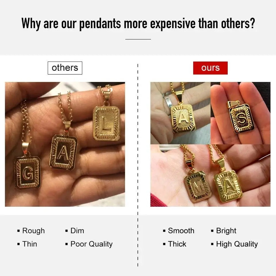 A-Z Letter Pendant Necklace Mens Womens Capital Letter Gold Plated Stainless Steel Box Chain 22inch - JettsJewelers