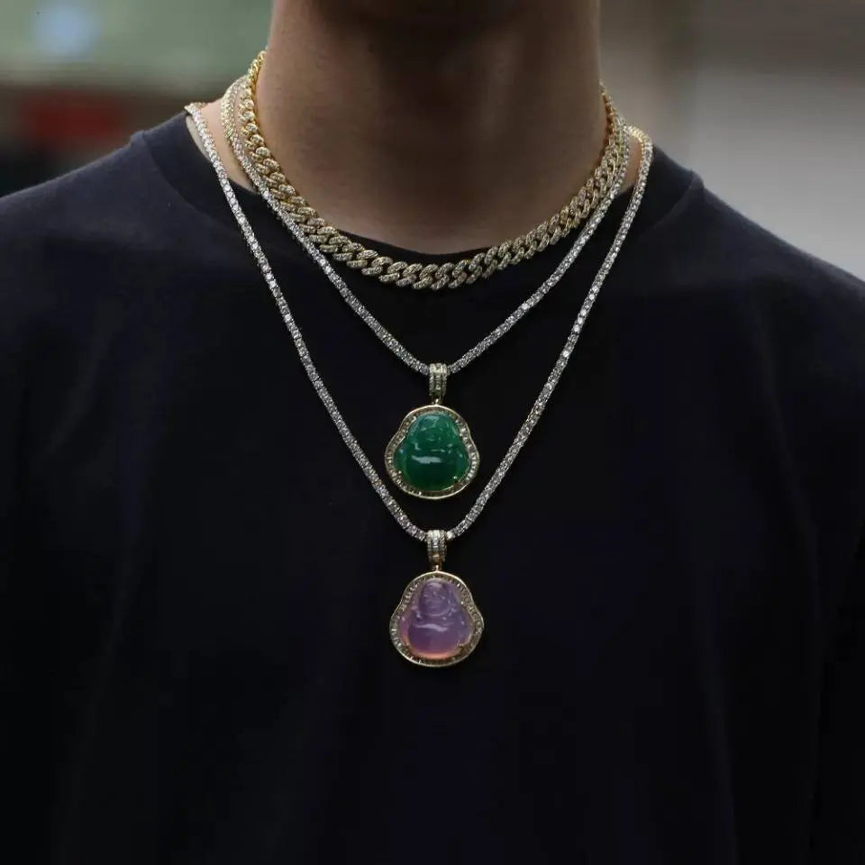 AAA Cubic Zirconia Gold Buddha Pendant Green Jade Buddha Necklace Iced Out Bling Laughing Buddha Pendant Necklace