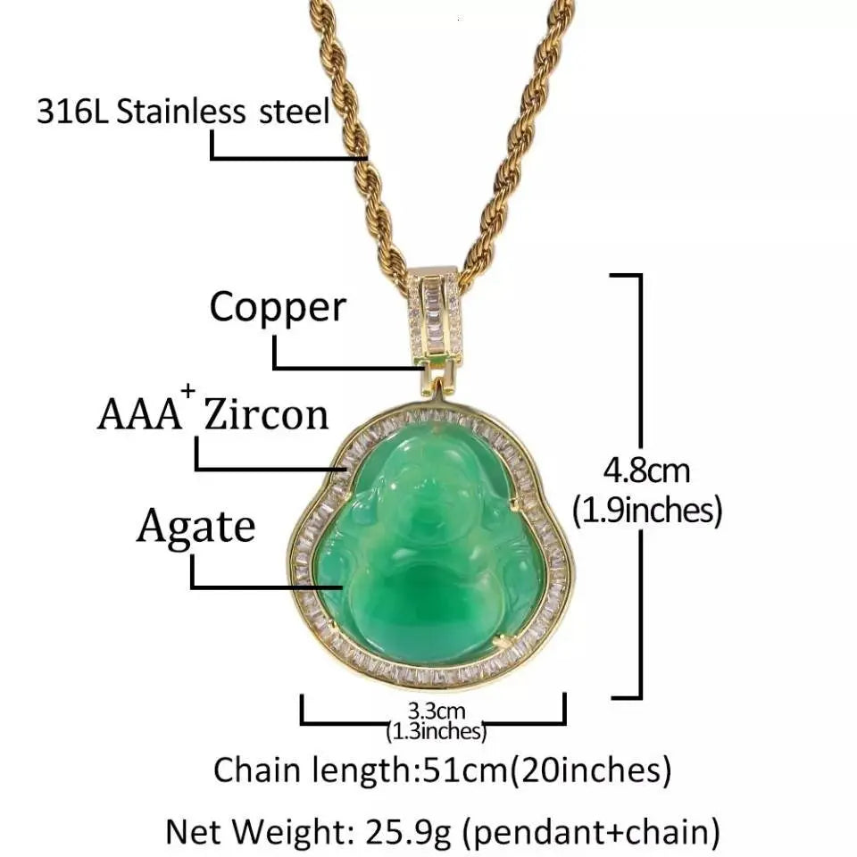 AAA Cubic Zirconia Gold Buddha Pendant Green Jade Buddha  Necklace Iced Out Bling  Laughing Buddha Pendant Necklace