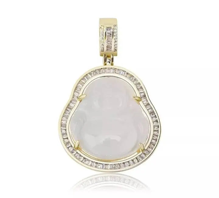 AAA Cubic Zirconia Gold Buddha Pendant Green Jade Buddha  Necklace Iced Out Bling  Laughing Buddha Pendant Necklace