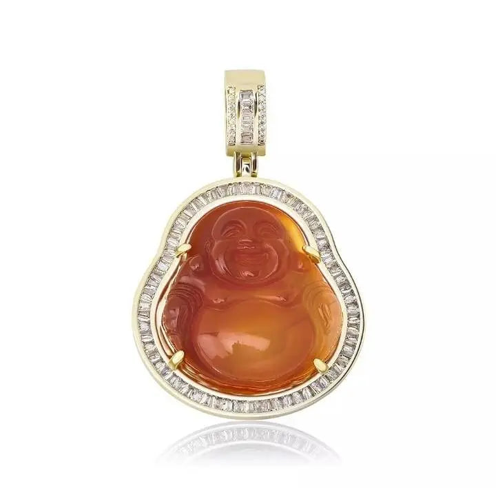 AAA Cubic Zirconia Gold Buddha Pendant Green Jade Buddha  Necklace Iced Out Bling  Laughing Buddha Pendant Necklace