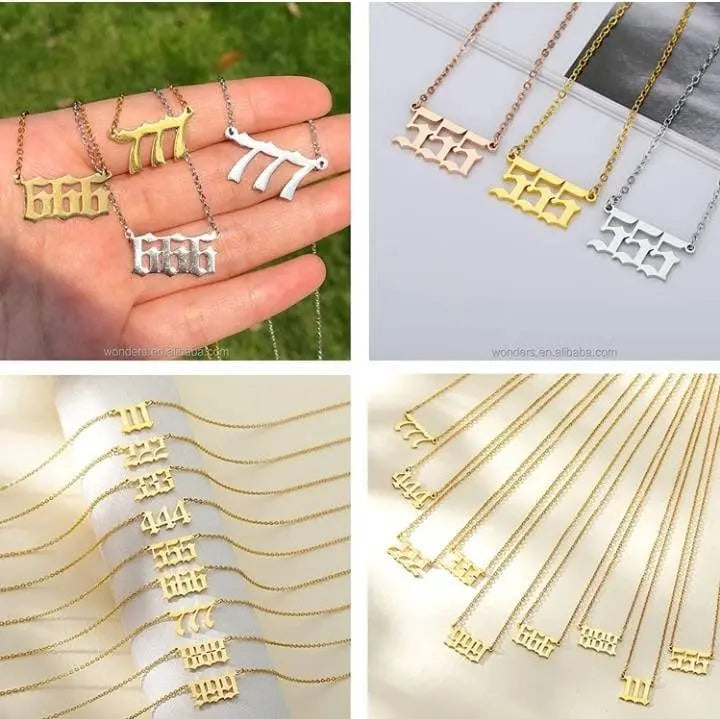 Angel Number Necklace 111 222 333 444 555 666 777 888 999 Necklace Silver Old English Gold Number Necklace Stainless Steel Numerology JettsJewelers