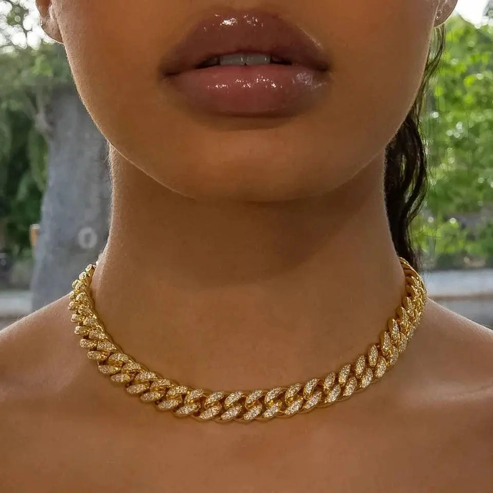 Baguette Chain Female Diamond Gold Silver Miami Cuban Necklace Iced Out Chain 8mm Hip Hop Rapper Jewelry 18 Inches - JettsJewelers