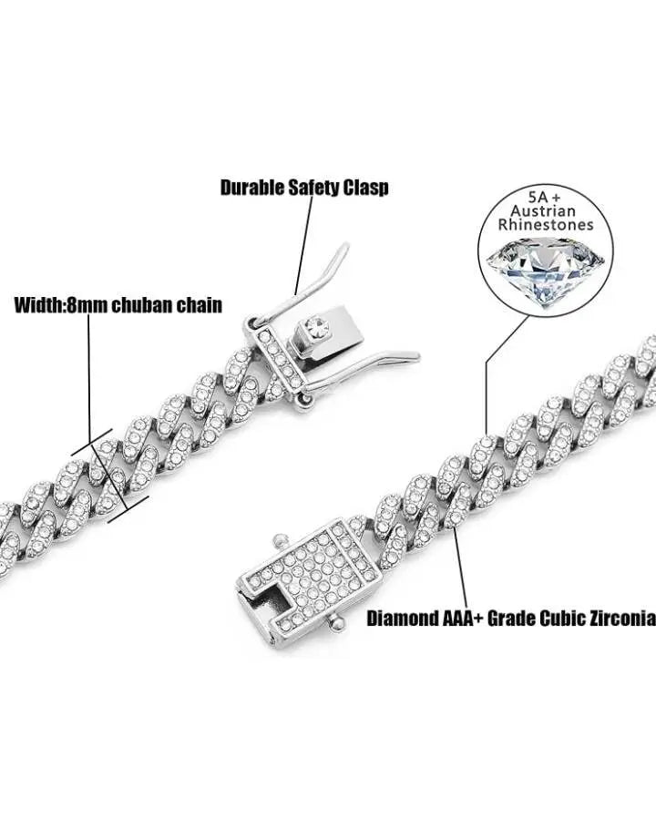 Baguette Chain Female Diamond Gold Silver Miami Cuban Necklace Iced Out Chain 8mm Hip Hop Rapper Jewelry 18 Inches - JettsJewelers