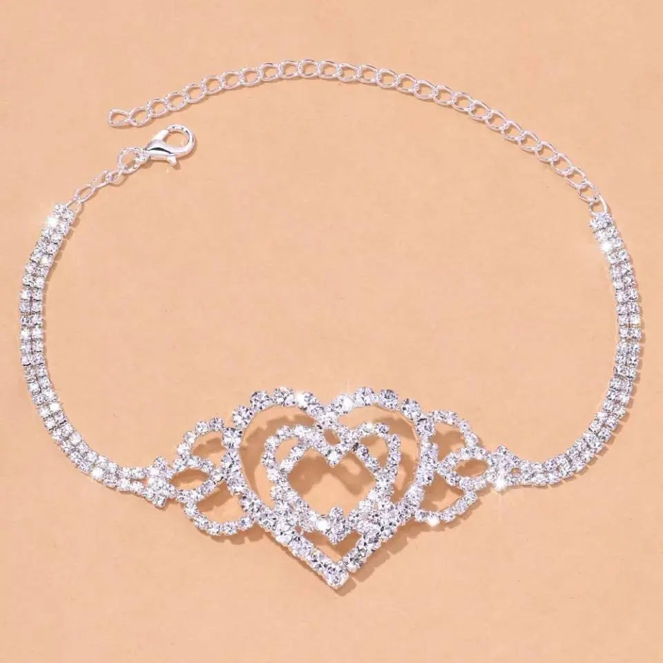 Big Double Heart Rhinestones Anklet Foot Jewelry for Women Beach Barefoot Chain Bracelet On the Leg Accessories Gift - JettsJewelers
