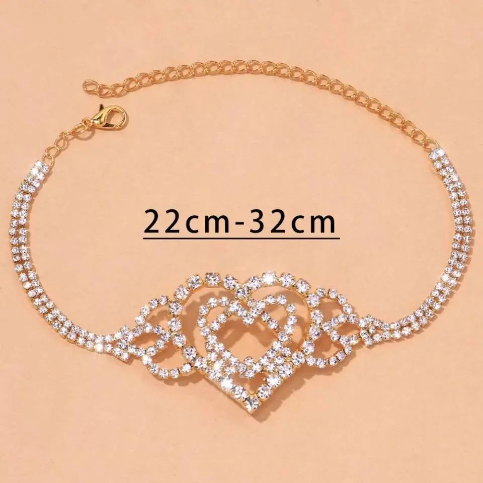 Big Double Heart Rhinestones Anklet Foot Jewelry for Women Beach Barefoot Chain Bracelet On the Leg Accessories Gift JettsJewelers