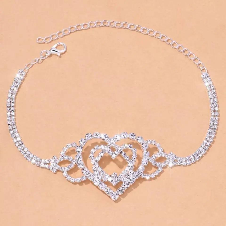 Big Double Heart Rhinestones Anklet Foot Jewelry for Women Beach Barefoot Chain Bracelet On the Leg Accessories Gift JettsJewelers