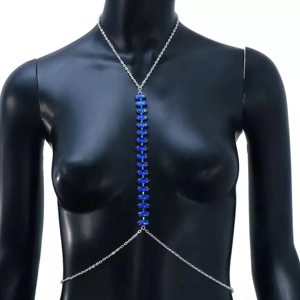 Blue Sapphire Chain Rhinestones Bra Body Sexy Bikini Silver Gold Beauty Chest Bracket Bras Nightclub and Partying Body Jewelry for Women JettsJewelers