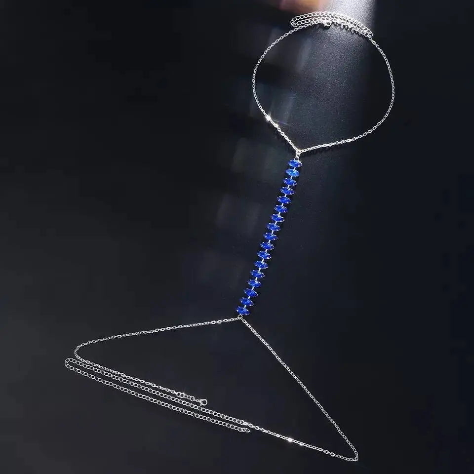 Blue Sapphire Chain Rhinestones Bra Body Sexy Bikini Silver Gold Beauty Chest Bracket Bras Nightclub and Partying Body Jewelry for Women JettsJewelers