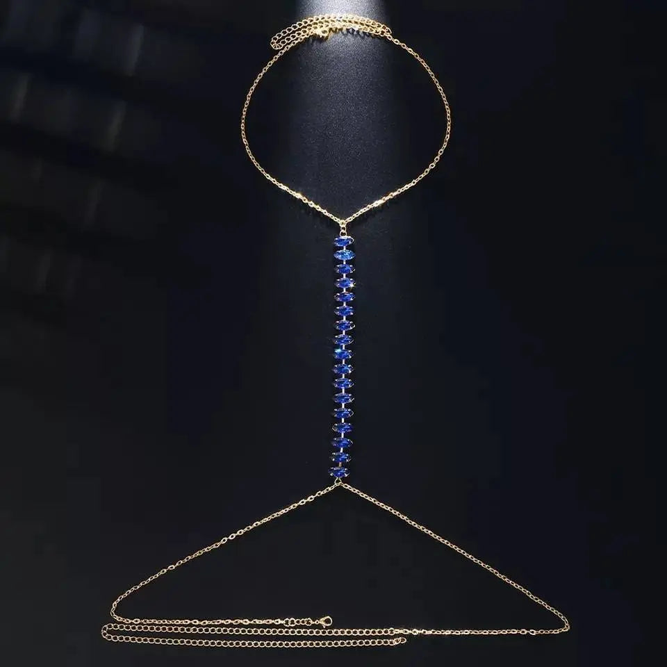 Blue Sapphire Chain Rhinestones Bra Body Sexy Bikini Silver Gold Beauty Chest Bracket Bras Nightclub and Partying Body Jewelry for Women JettsJewelers
