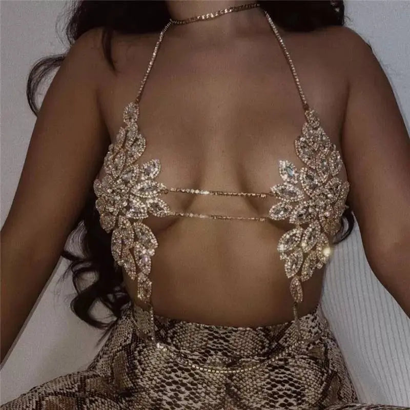 Bra Bikini Set Crystal Tassel Body Chains Belly Dance Skirts Rhinestones Boho Rhinestone Statement Chest Chain Shiny Crystal Body Jewelry - JettsJewelers