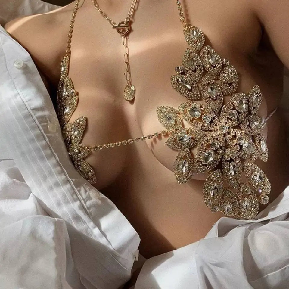 Bra Bikini Set Crystal Tassel Body Chains Belly Dance Skirts Rhinestones Boho Rhinestone Statement Chest Chain Shiny Crystal Body Jewelry - JettsJewelers