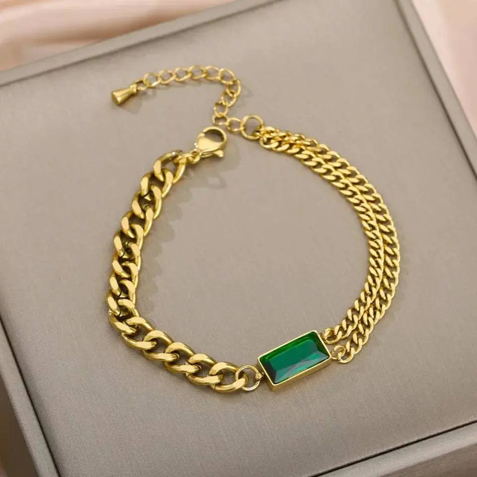 Bracelets for Women Gold Layered Bracelets for Women Girls |14K Gold Plated Delicacy Chain Square Emerald Crystal Adjustable Bracelet - JettsJewelers