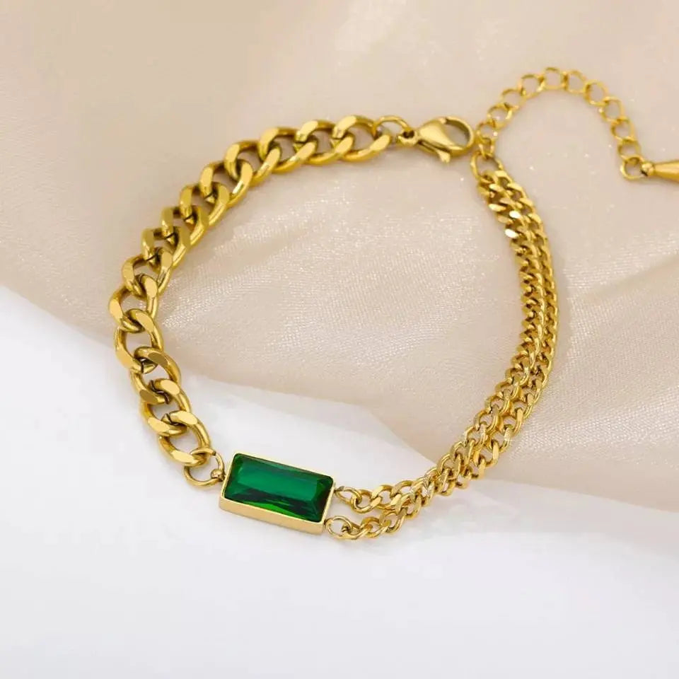 Bracelets for Women Gold Layered Bracelets for Women Girls |14K Gold Plated Delicacy Chain Square Emerald Crystal Adjustable Bracelet - JettsJewelers