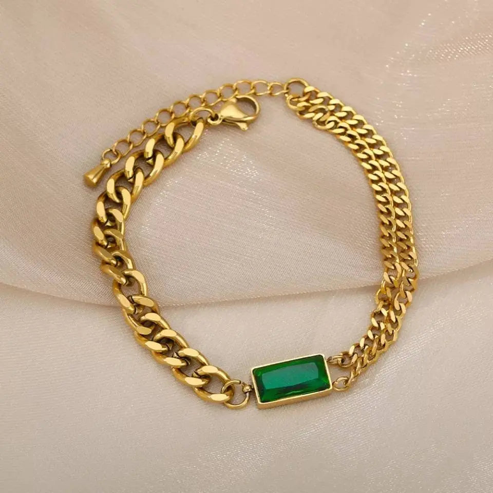 Bracelets for Women Gold Layered Bracelets for Women Girls |14K Gold Plated Delicacy Chain Square Emerald Crystal Adjustable Bracelet - JettsJewelers