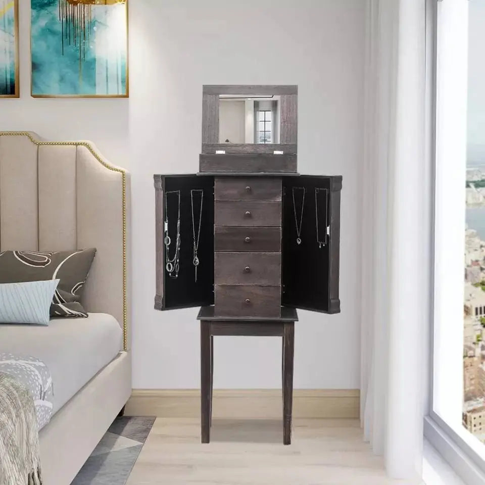 Brown Jewelry Cabinet Armoire with 5 Drawers, Storage Chest Stand Large Bottom Drawer Side Swing Doors Organizer Mirror