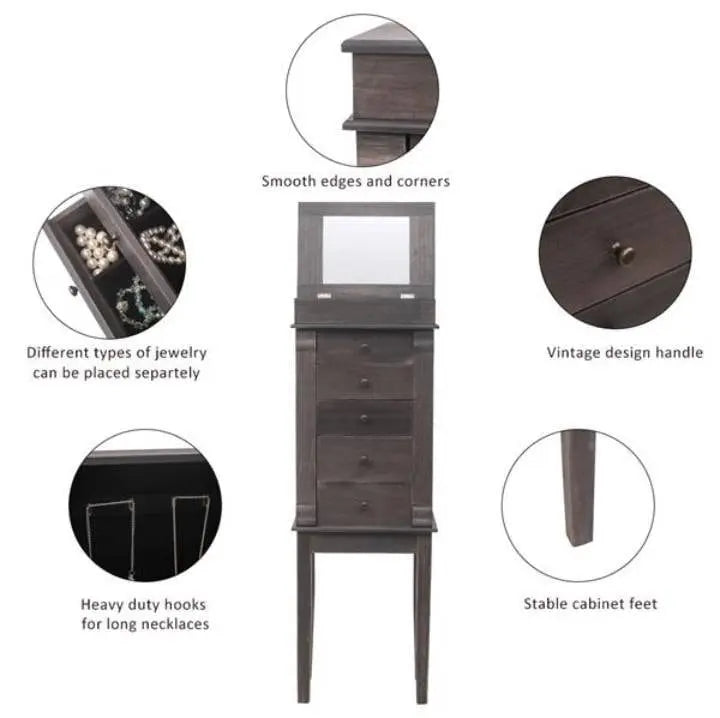 Brown Jewelry Cabinet Armoire with 5 Drawers, Storage Chest Stand Large Bottom Drawer Side Swing Doors Organizer Mirror