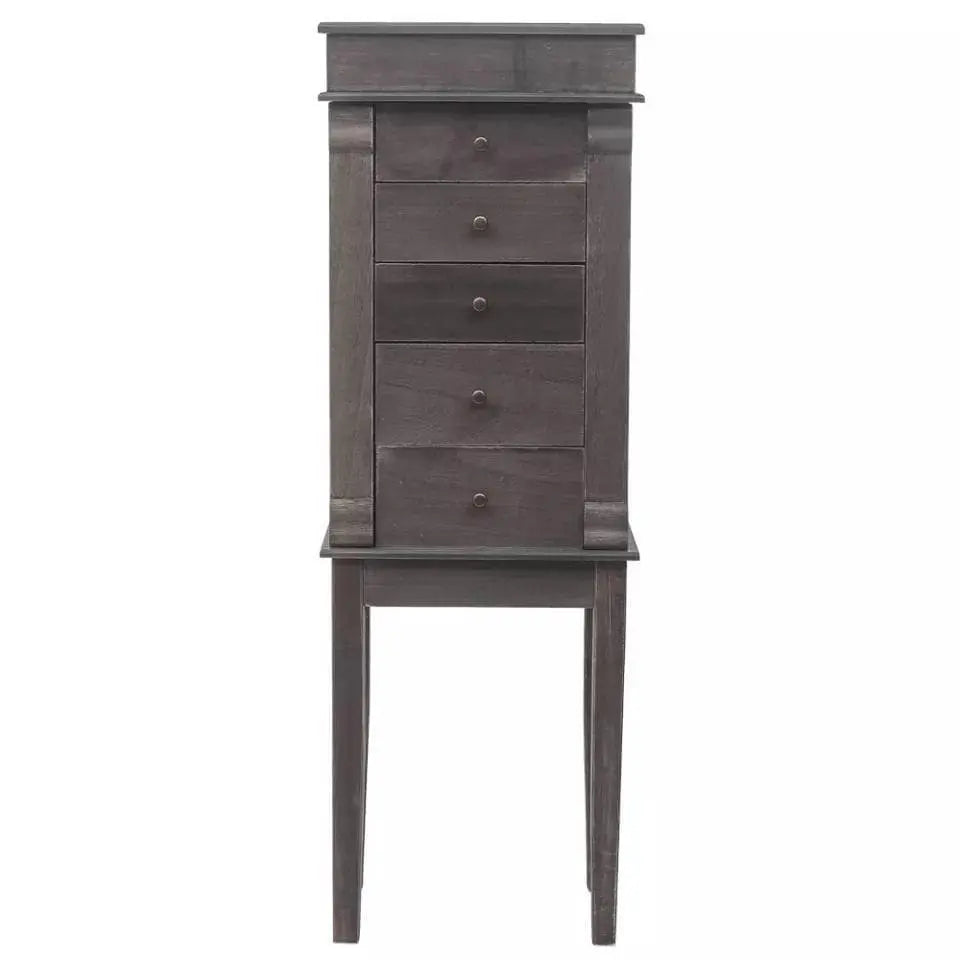 Brown Jewelry Cabinet Armoire with 5 Drawers, Storage Chest Stand Large Bottom Drawer Side Swing Doors Organizer Mirror