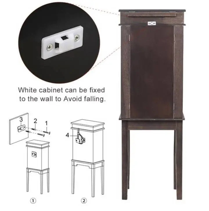 Brown Jewelry Cabinet Armoire with 5 Drawers, Storage Chest Stand Large Bottom Drawer Side Swing Doors Organizer Mirror